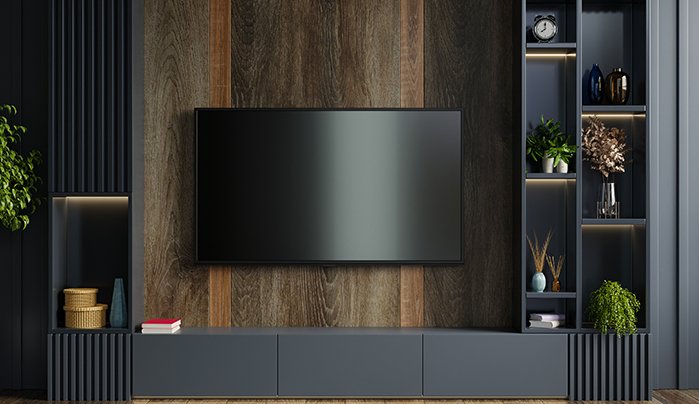 Wooden wall mounted tv in modern living room with decoration on dark wall background.3D rendering